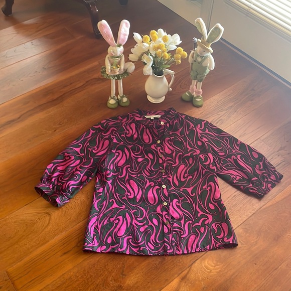 Trina Turk Silk Button Down Top Green & Pink - Picture 1 of 5